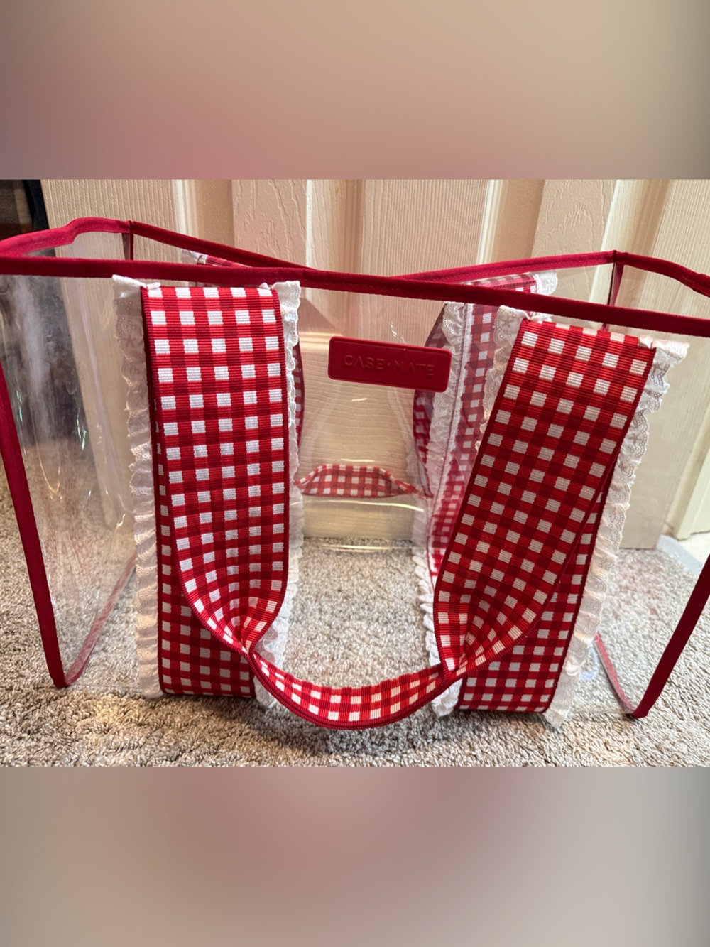 case-mate Red and White Gingham Clear Tote with Lace Trim